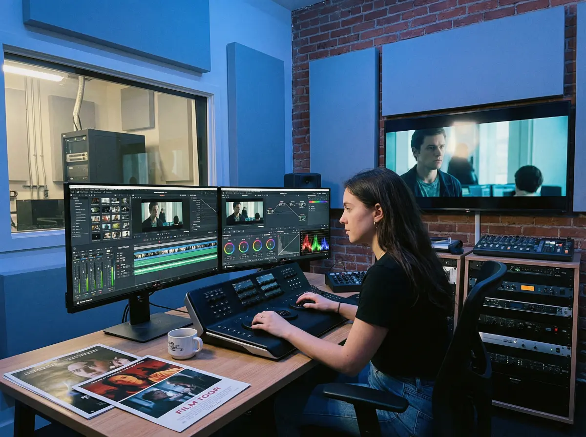 年轻剪辑师在后期工作室工作的 蜜桃视频 故事